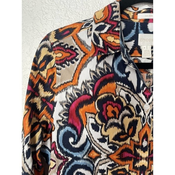 Chico's Womens Button Up Top Size 0 US 4 Ikat Scrolls No Iron Workwear Business‎ - Picture 3 of 11